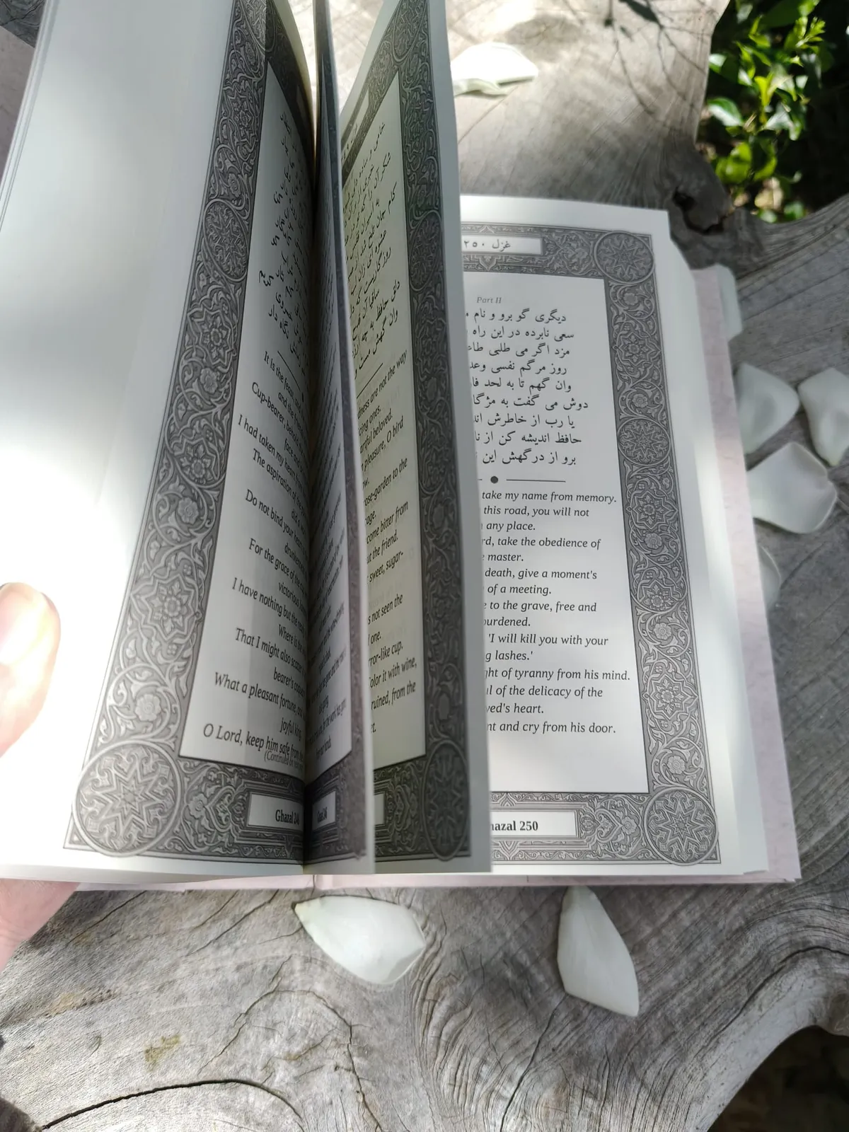 Facing pages of the book, the Persian text above the English translation, in illuminated borders